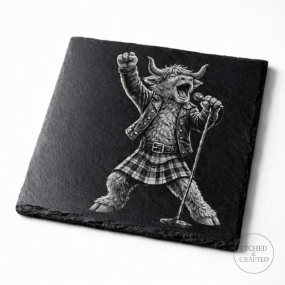 Rock Highland Cow Slate Coaster – Lachlan the Lead Singer