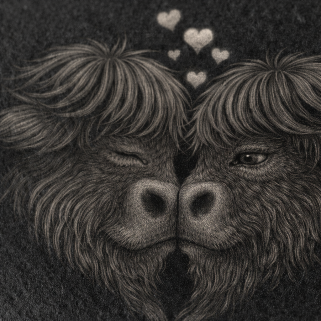 Highland Cow Kissing Pair – Romantic Slate Coaster (100×100 mm)