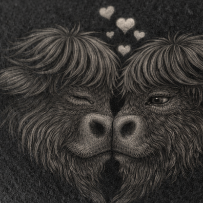 Highland Cow Kissing Pair – Romantic Slate Coaster (100×100 mm)
