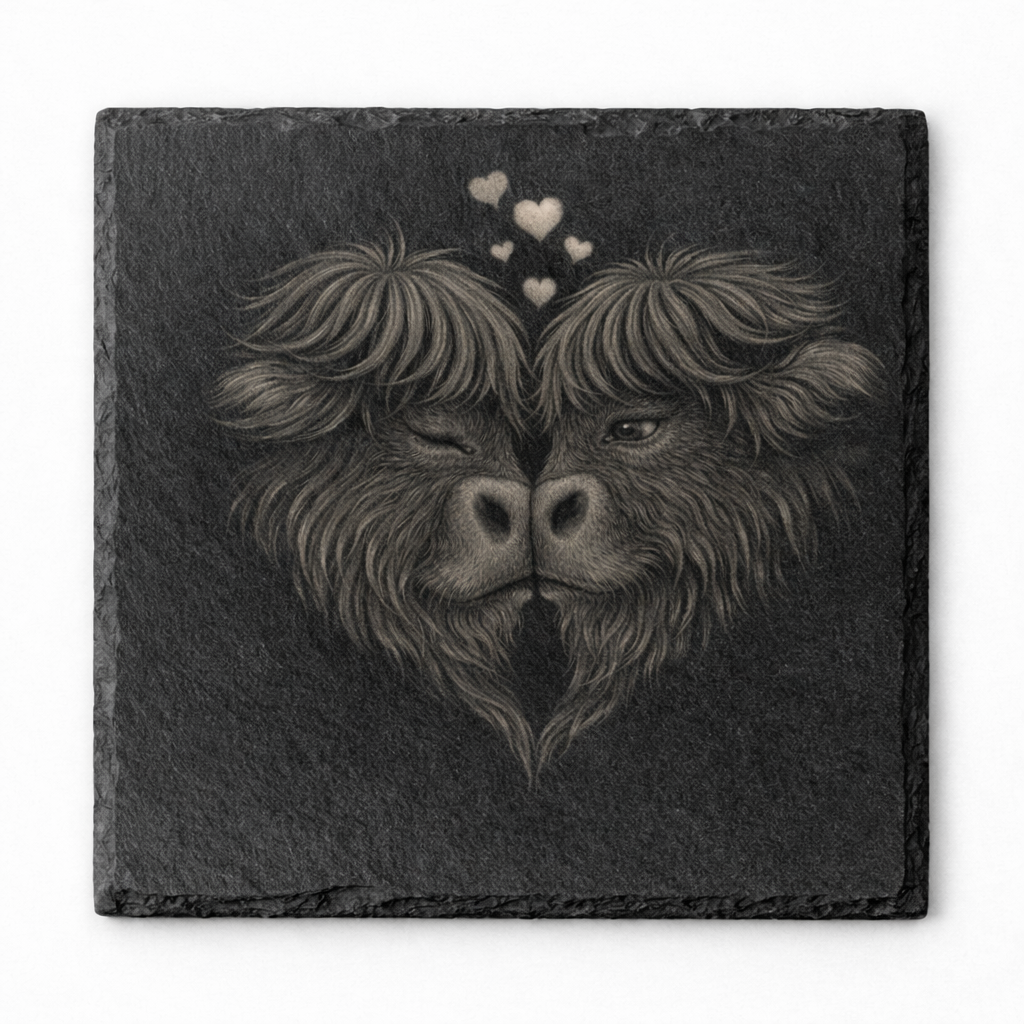 Highland Cow Kissing Pair – Romantic Slate Coaster (100×100 mm)