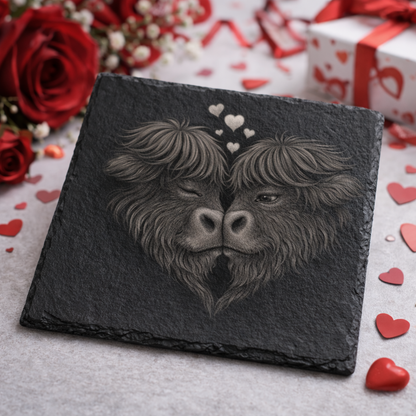 Highland Cow Kissing Pair – Romantic Slate Coaster (100×100 mm)